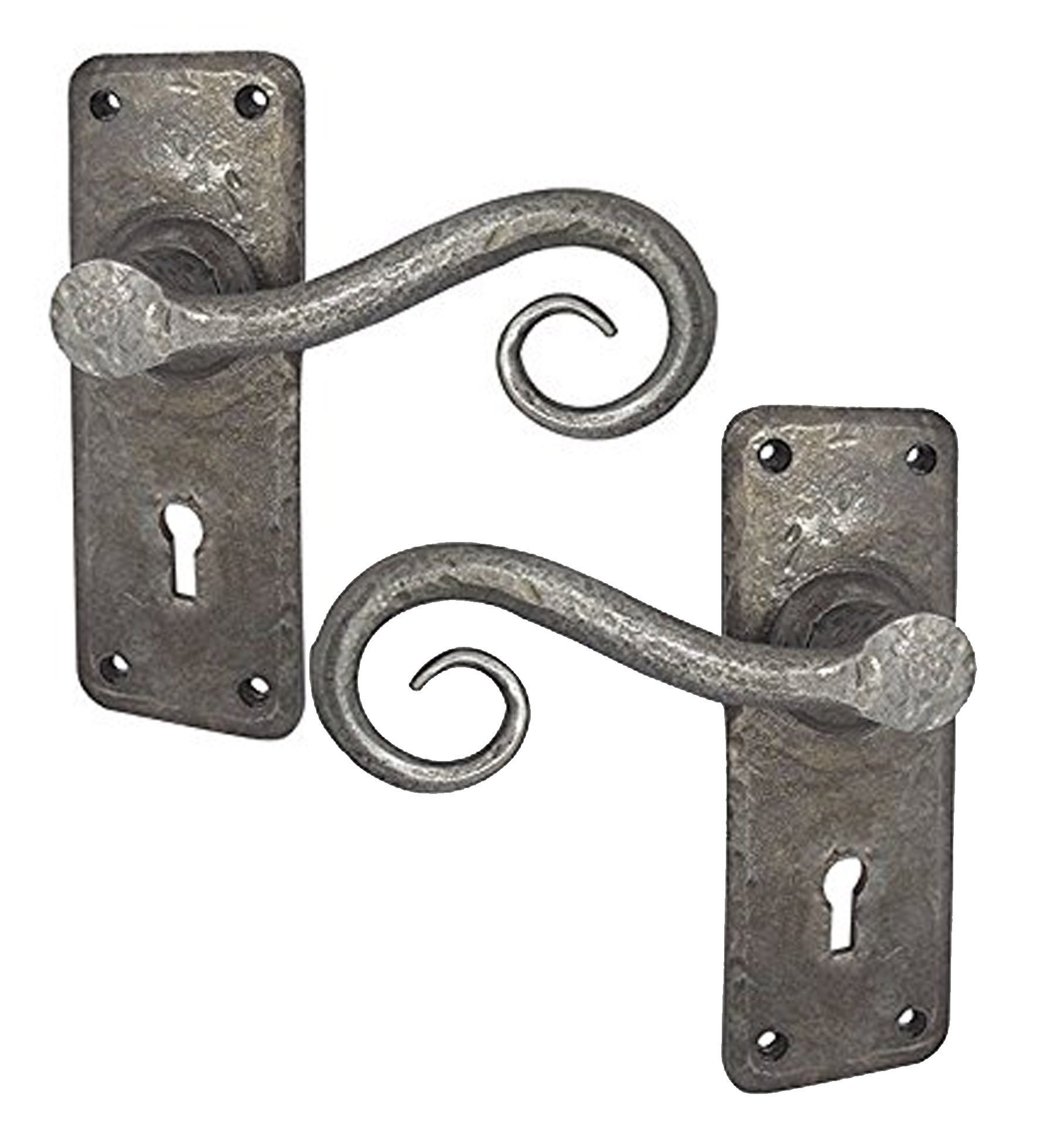 Light Pewter, Rat Tail Style Wrought Iron Door Handles with Keyhole, Rustproof Finish HF200